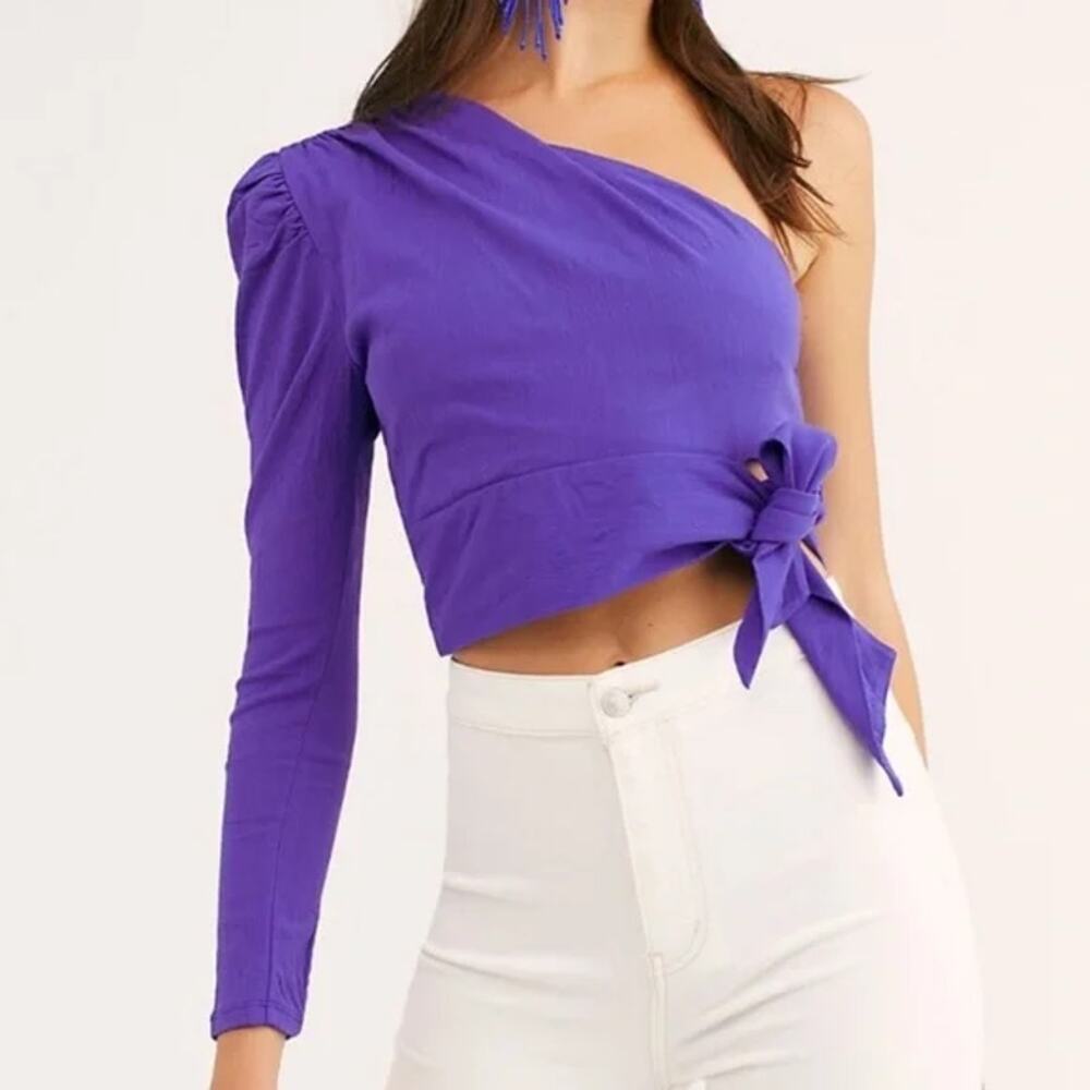 Free People Carmen Long Sleeve Top Flirty Purple One Shoulder Top SZ Large EUC